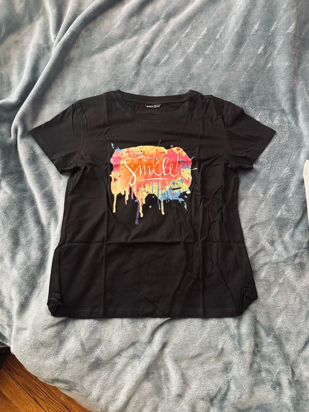 SHEIN Black Short-Sleeve Tee with Multicolor Paint Splash Smile Graphic